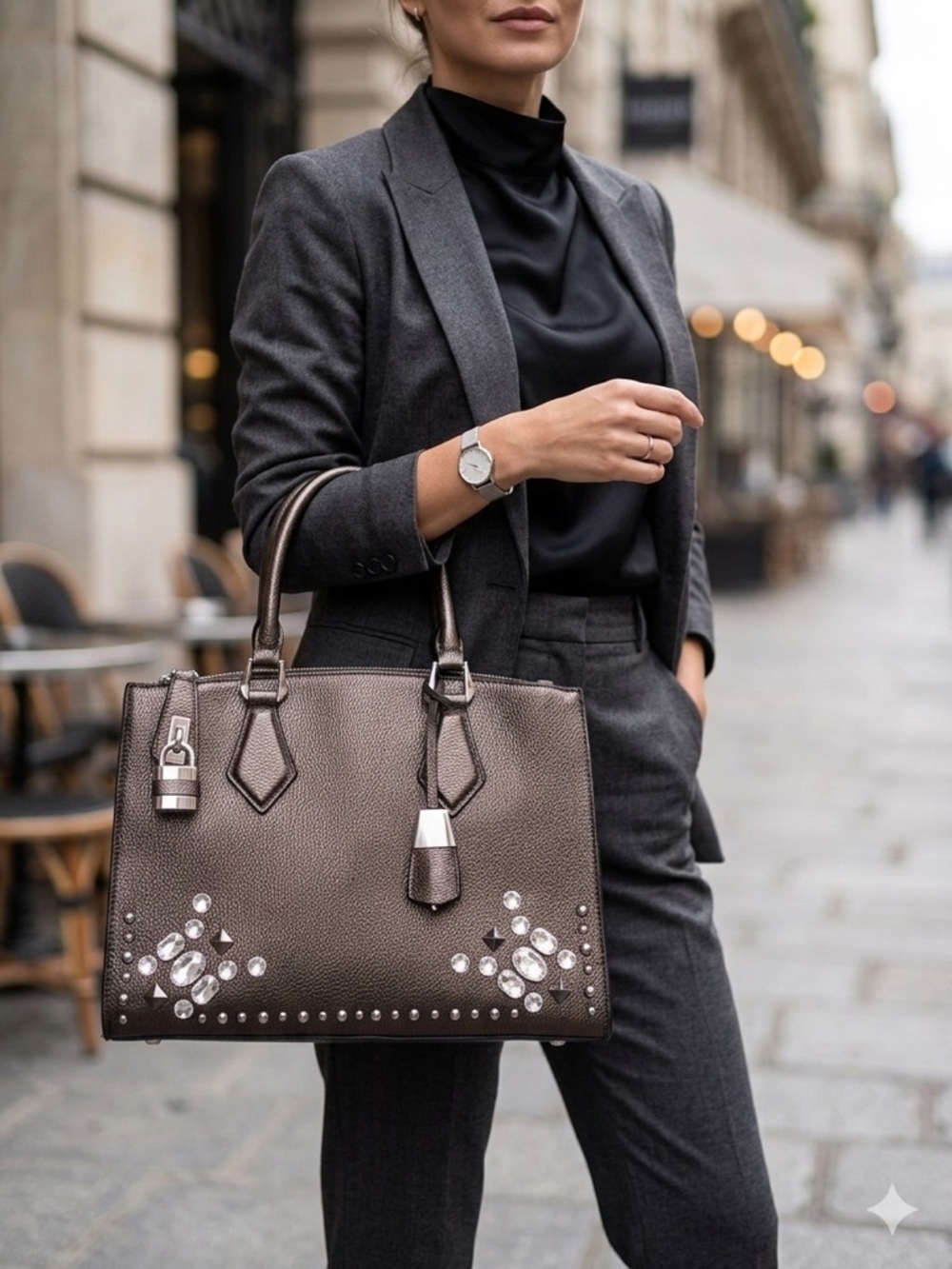 Charming Charlie Embellished With Rhinestone Hand Bag Metallic Gray